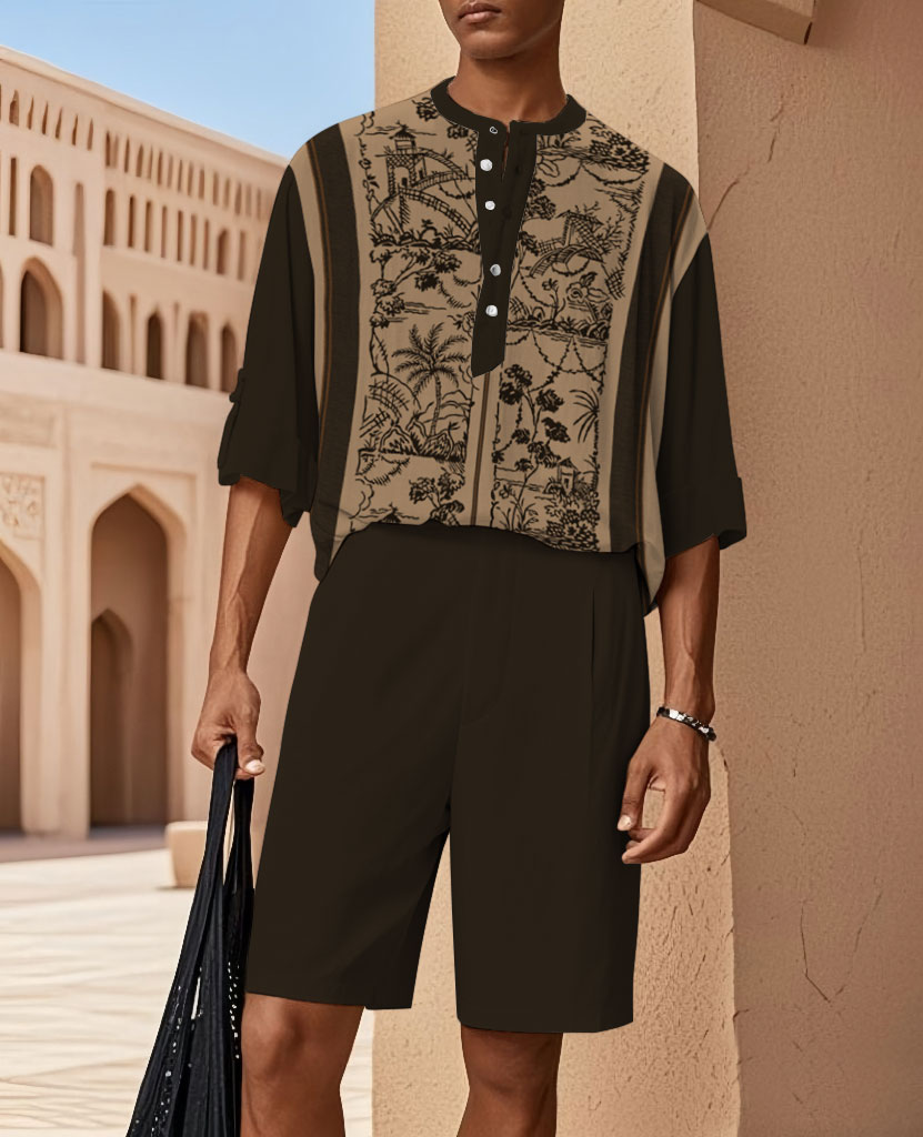 Business Casual Loose Short Sleeve Henley Collar Shirt And Elastic Waist Straight Leg Shorts Set