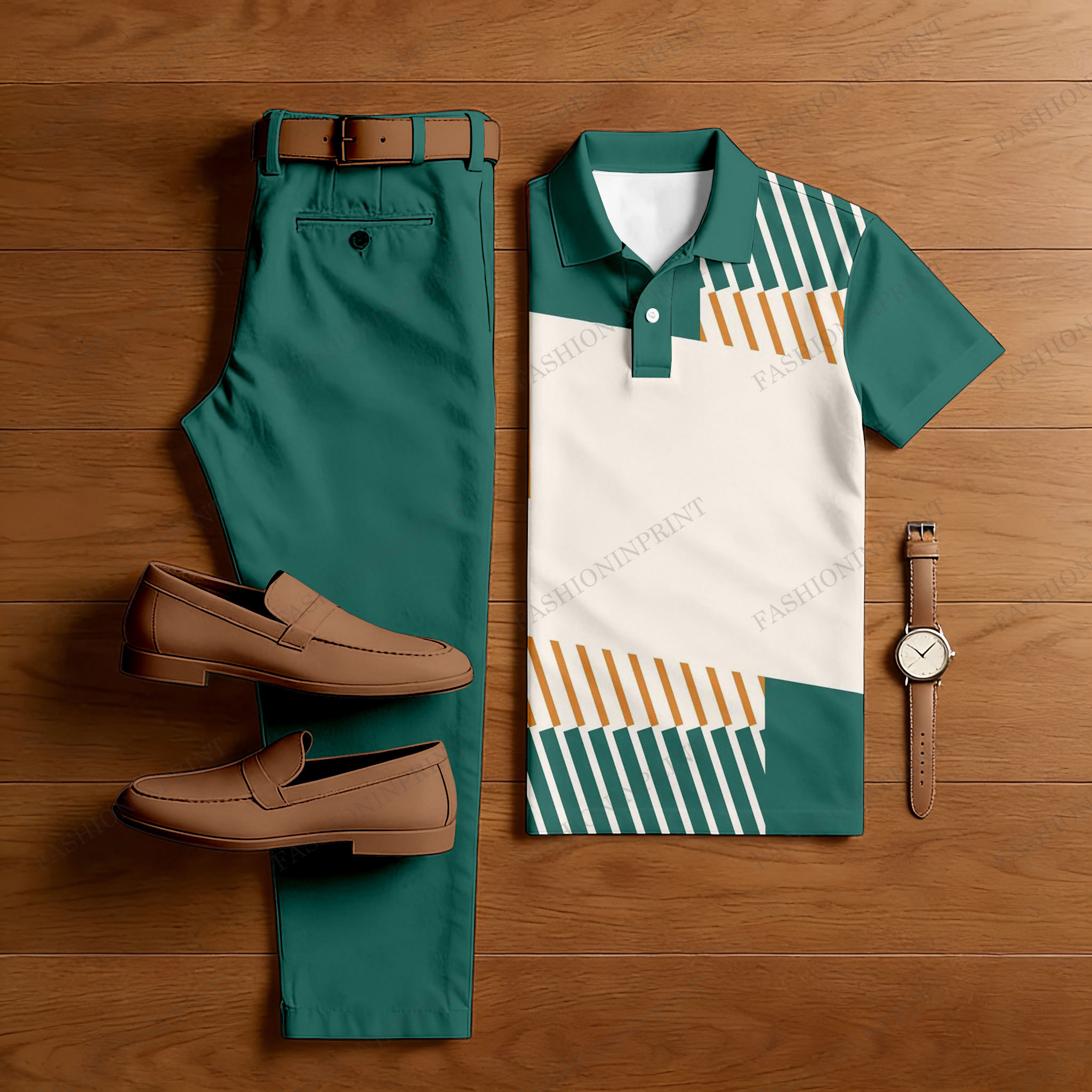 Men's Casual Green & Apricot Color Matching Geometric Printed Short Sl ...