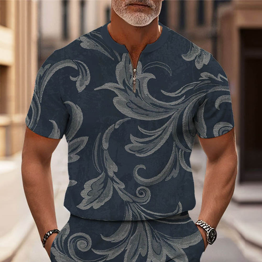 Men's Fashion Casual Round-Neck Geometric Printed Short-Sleeved Two-Piece Set