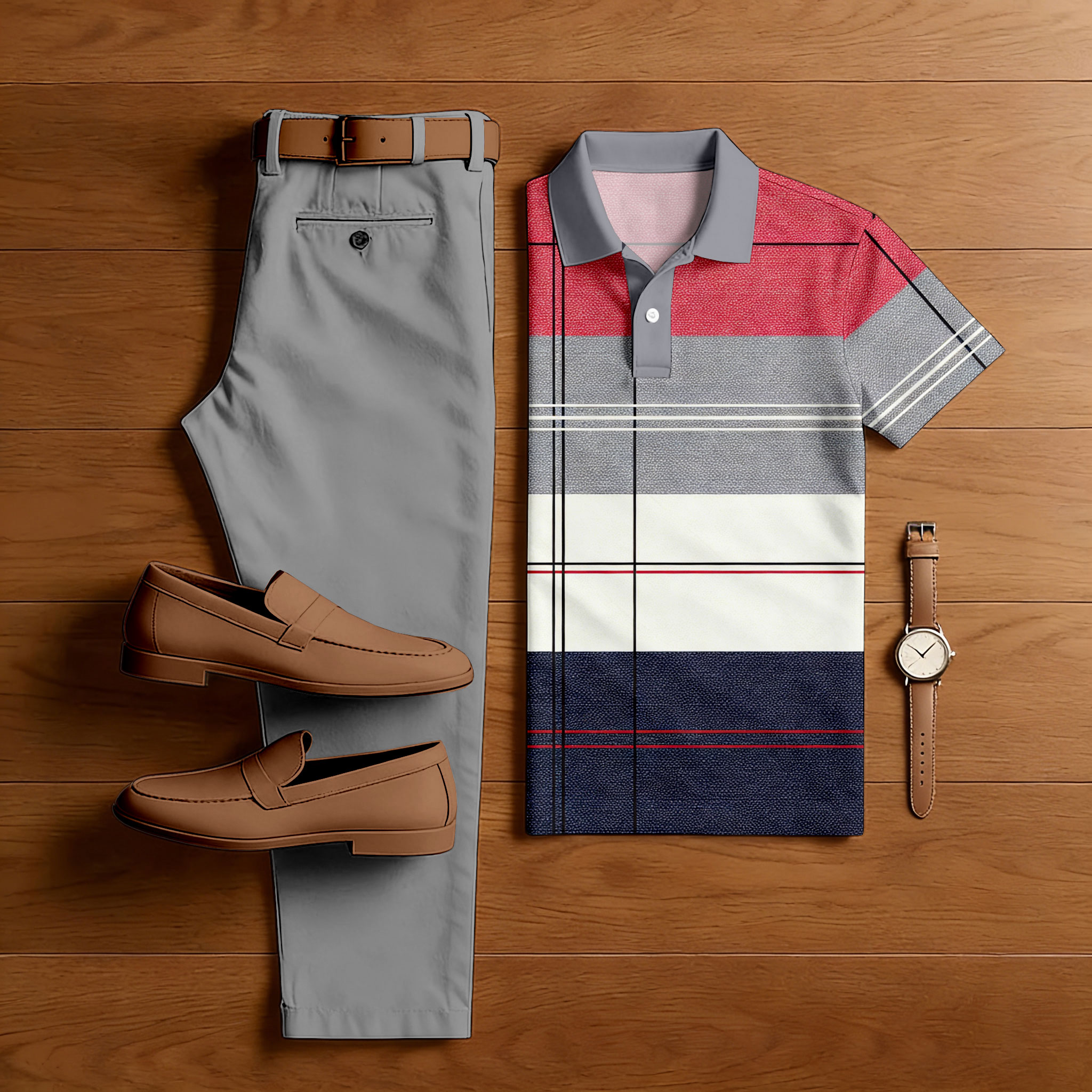 Men's Casual Gray Color Matching Checkered Printed Short Sleeved Polo Shirt & Trousers Two-Piece Set