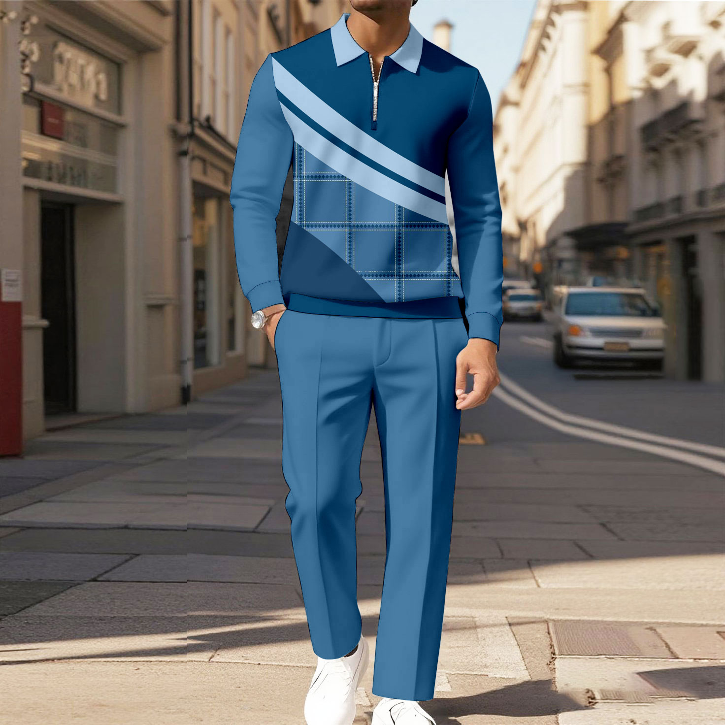 Men's Casual Color Matching Printed Polo-Collar Zipper Long Sleeved Trousers Two-Piece Set 1020