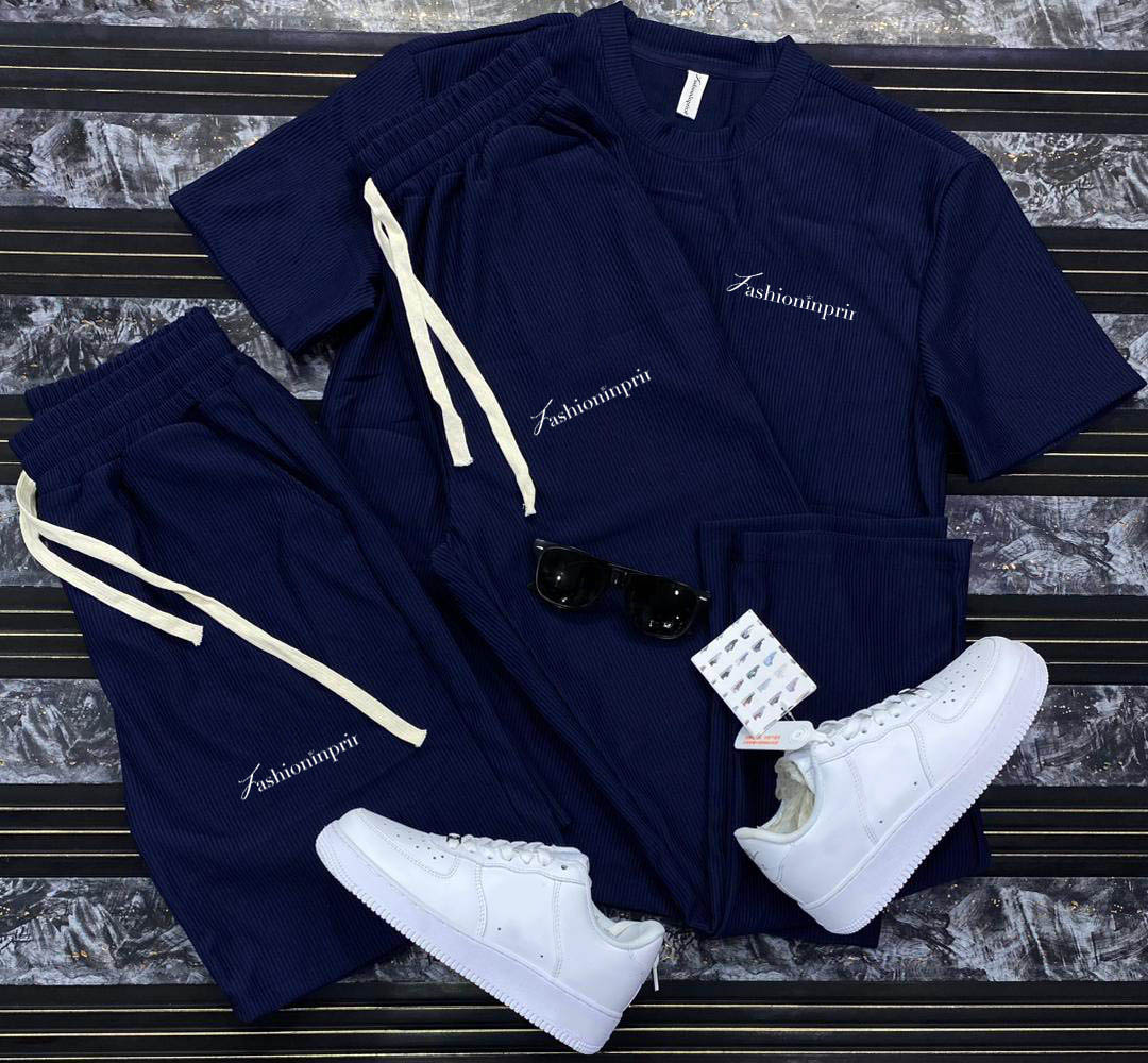 Men's Casual Solid Color Striped Short Sleeves Navy Blue T-Shirt & Shorts And Pants Three Piece Set