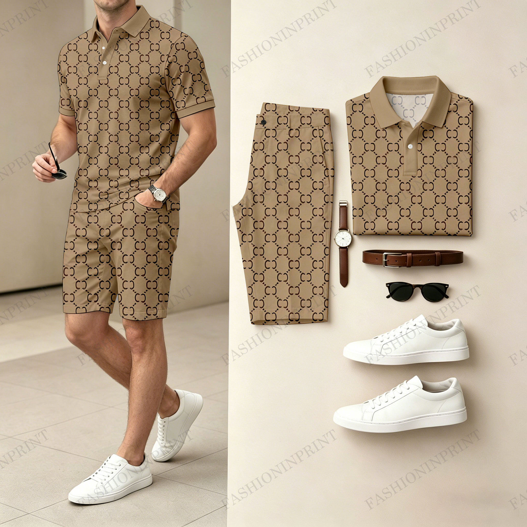 Men's Casual Geometric Color Polo Shirt & Shorts Two-Piece Set
