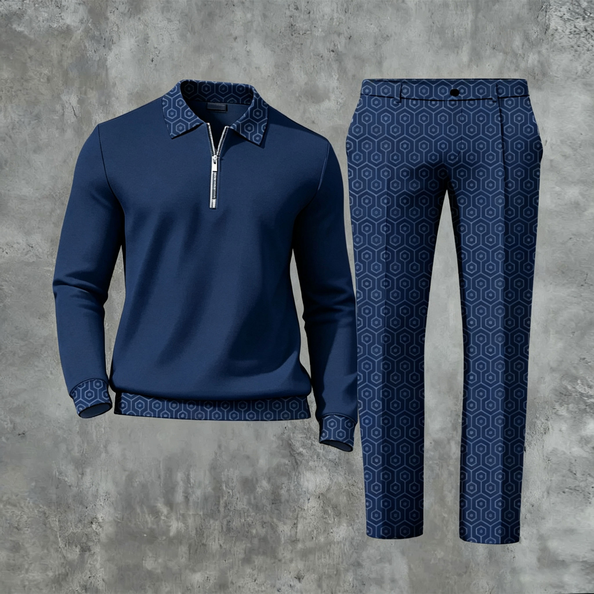 Men's Casual Color Matching Printed Polo-Collar Zipper Long Sleeved Trousers Two-Piece Set 1120