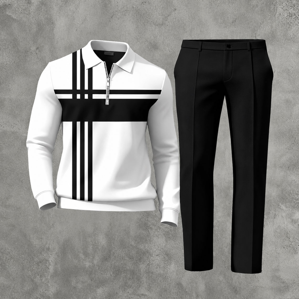 Men's Casual Maroon & White Color Matching Striped Printed Polo-Collar Zipper Long Sleeved Trousers Two-Piece Set