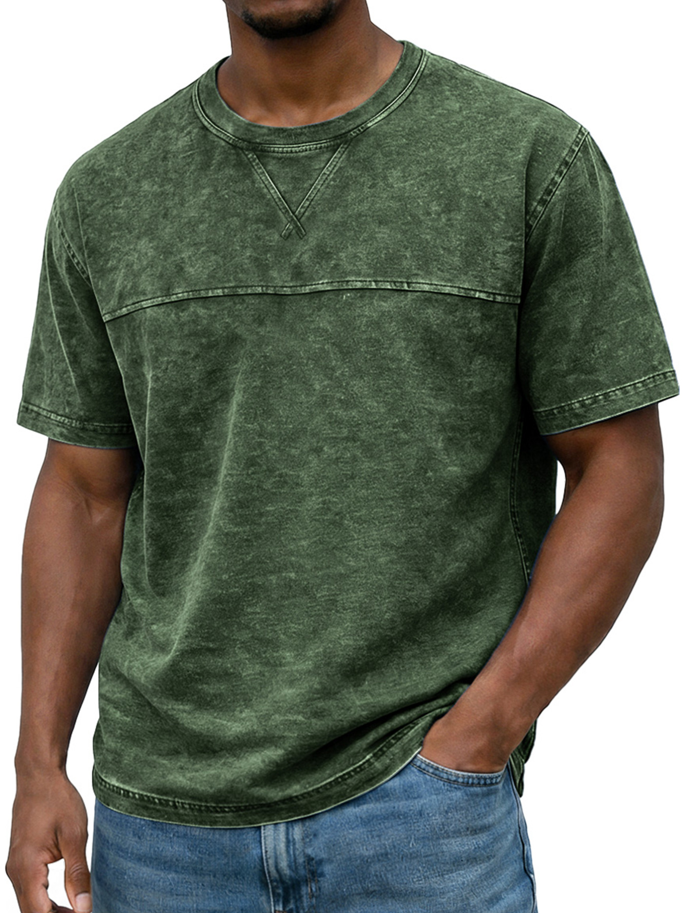 Men's Vintage Round Neck Short-sleeved T-shirt With Contrasting Stitching Design