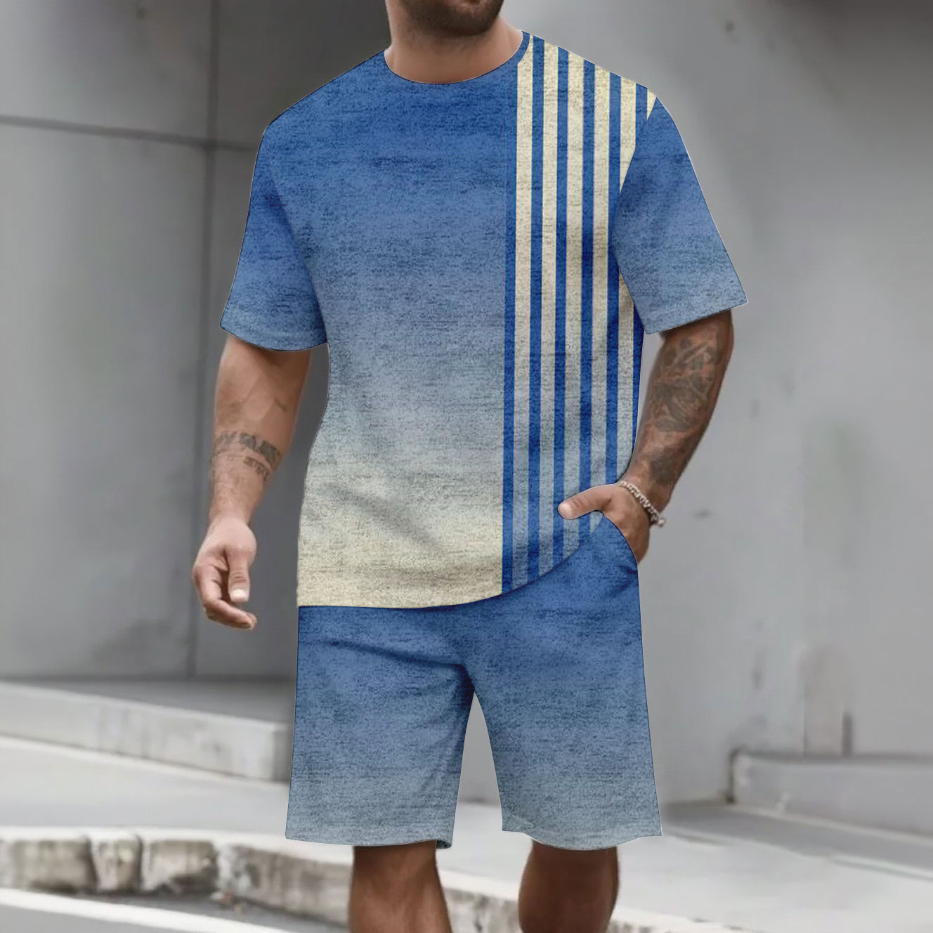 Men's Fashion Casual Color Matching Printed Short-Sleeved Two-Piece Set