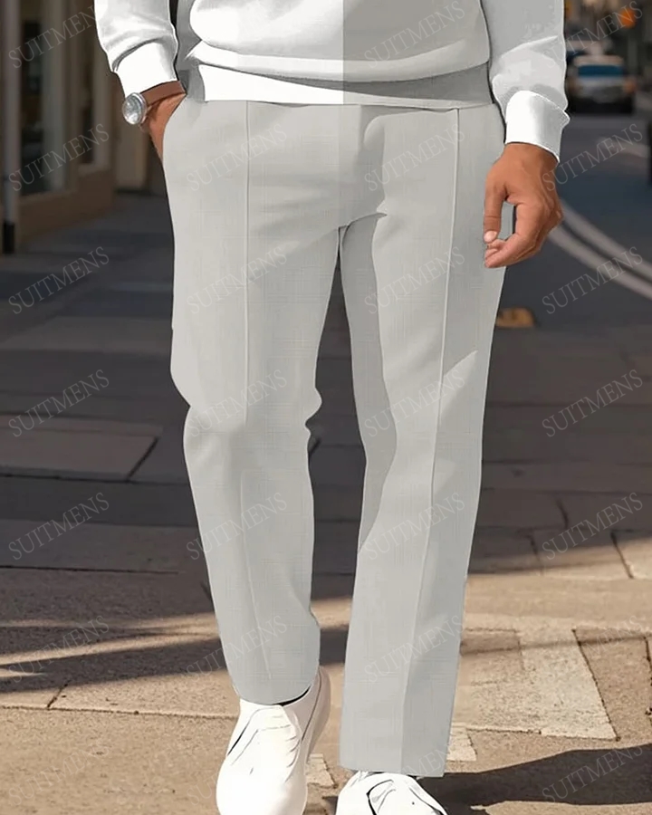 Men's Apricot Stripe Printed POLO Long Sleeve Trousers Two-Piece Set