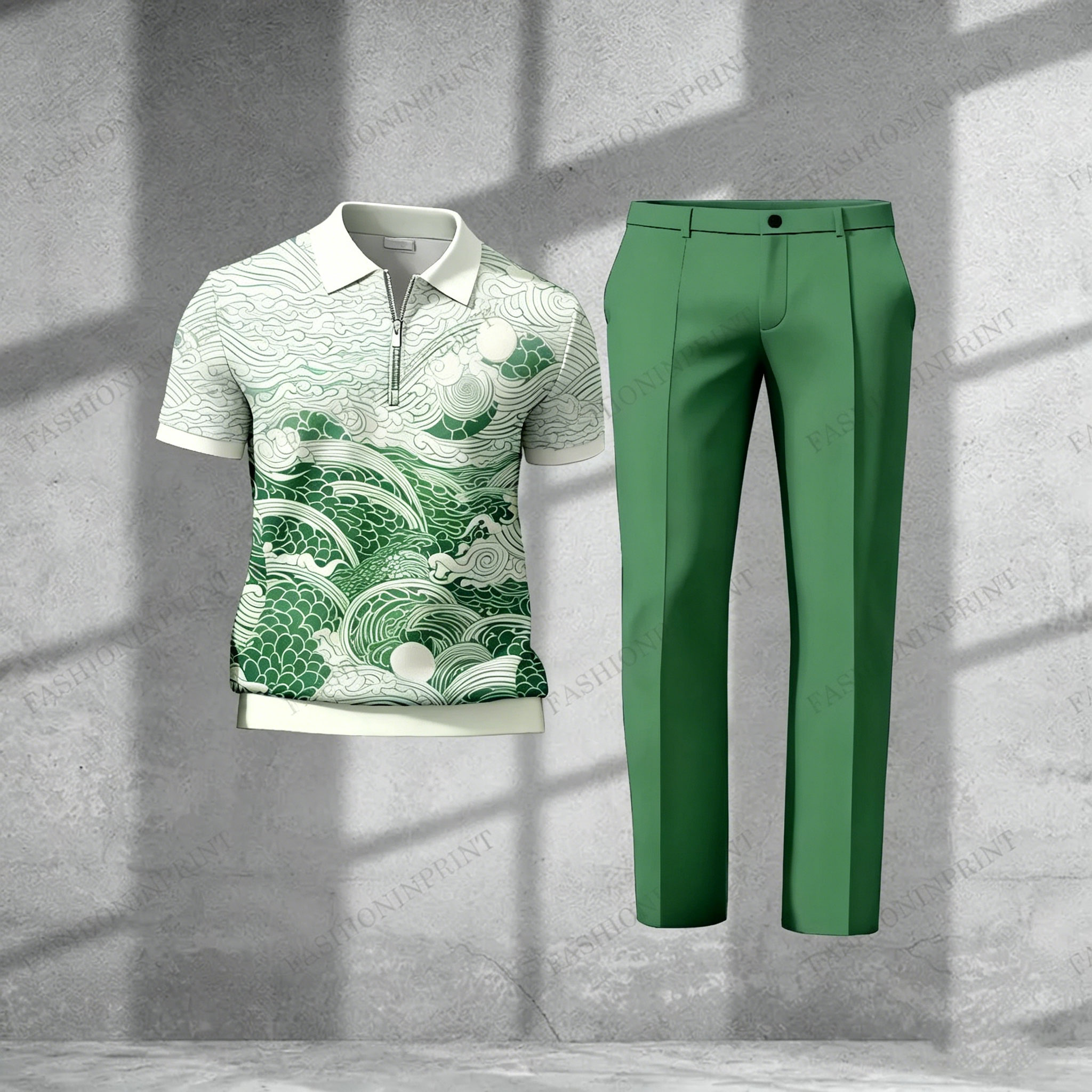 Men's Casual Blue Floral Short-Sleeved Half-Zip Polo Shirt And Blue Trousers Two-Piece Set