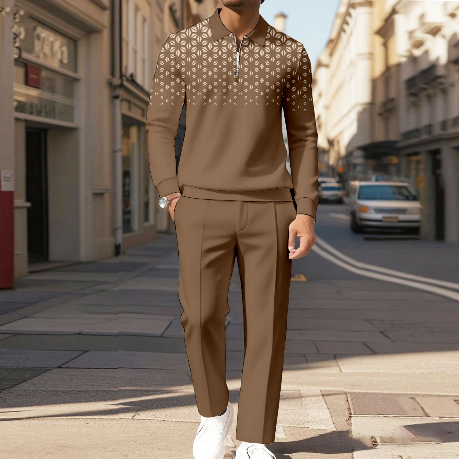 Men's Casual Color Matching Printed Polo-Collar Zipper Long Sleeved Trousers Two-Piece Set 1027