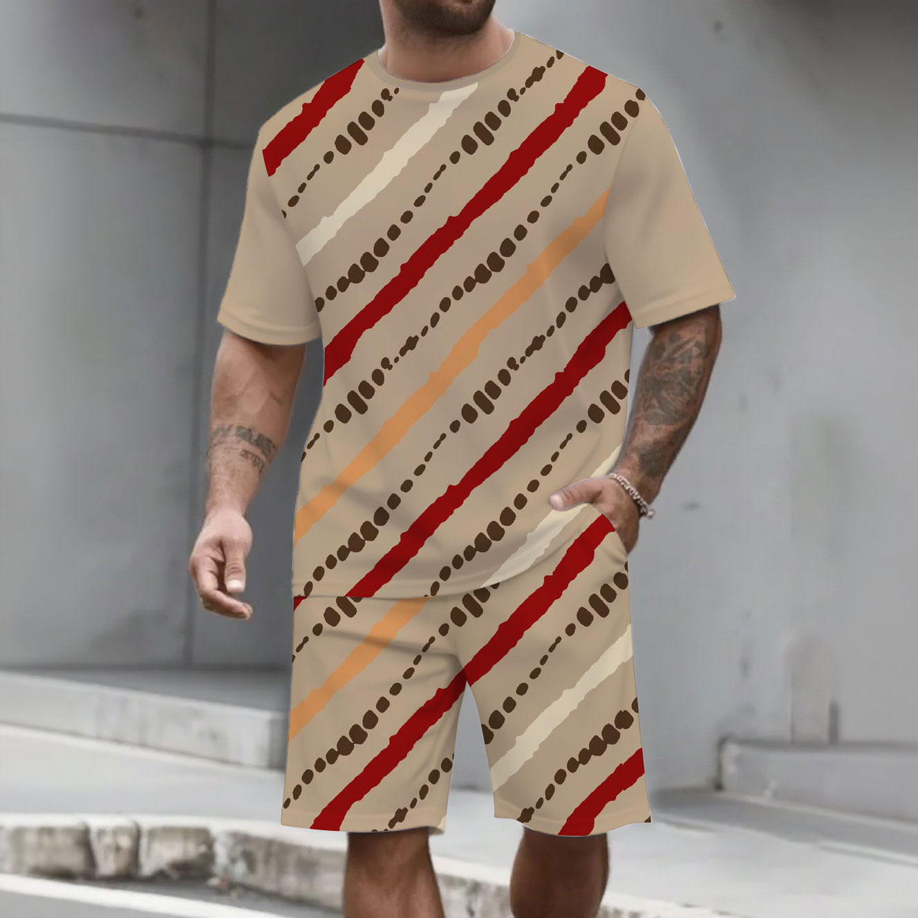 Men's Fashion Casual Color Matching Printed Short-Sleeved Two-Piece Set