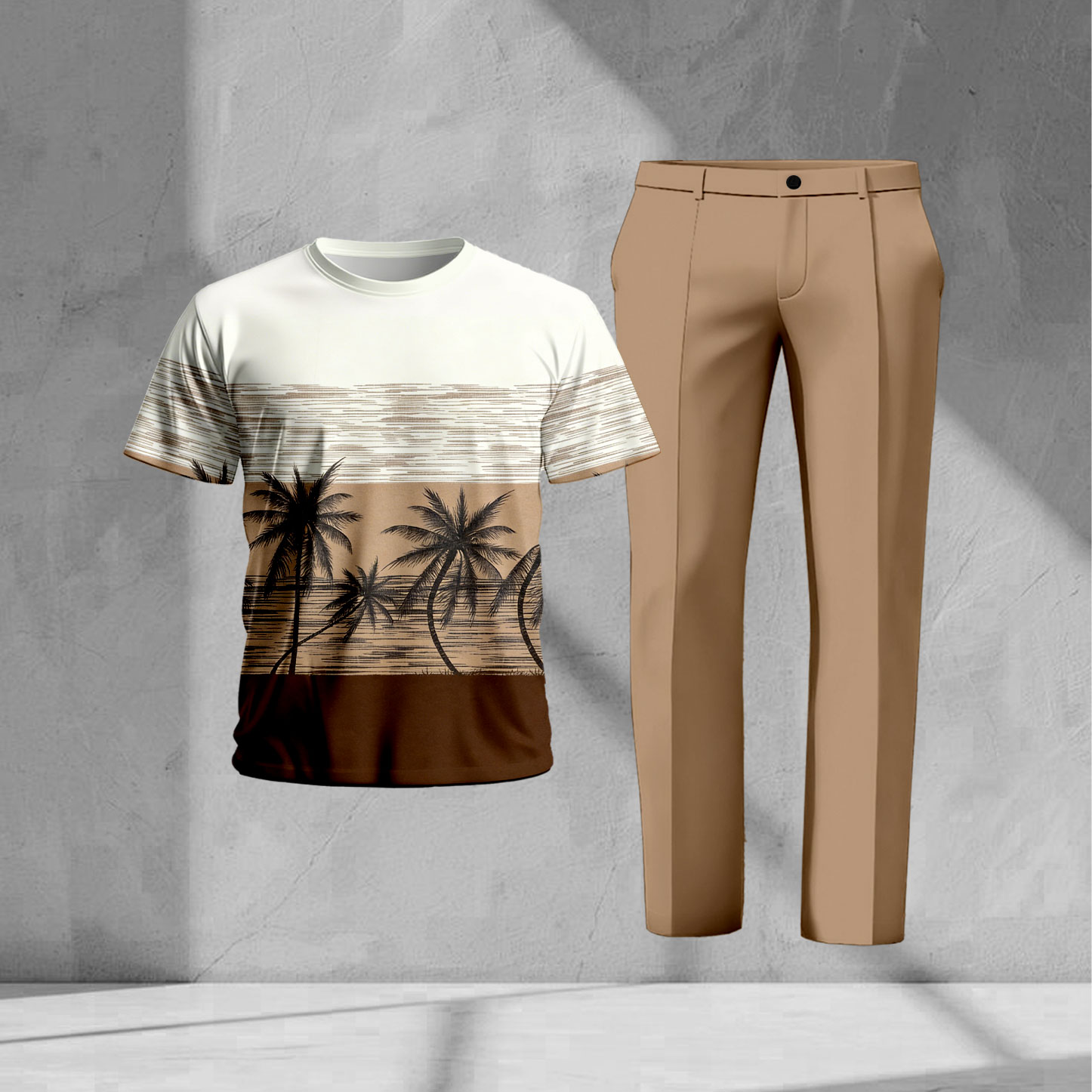 Men's Casual Beige & Tan Color Matching Palm Trees Printed Short Sleeved T-Shirt & Trousers Two-Piece Set