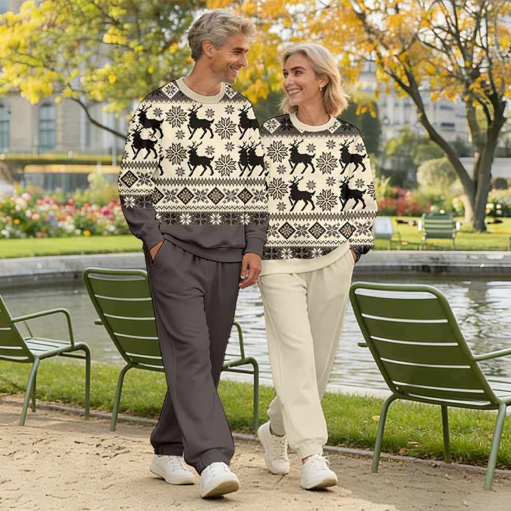 Valentine's Day Khaki & Gray Color Matching Vintage Flower Pattern Long Sleeved Sweatshirt & Sweatpant Two-Piece Set