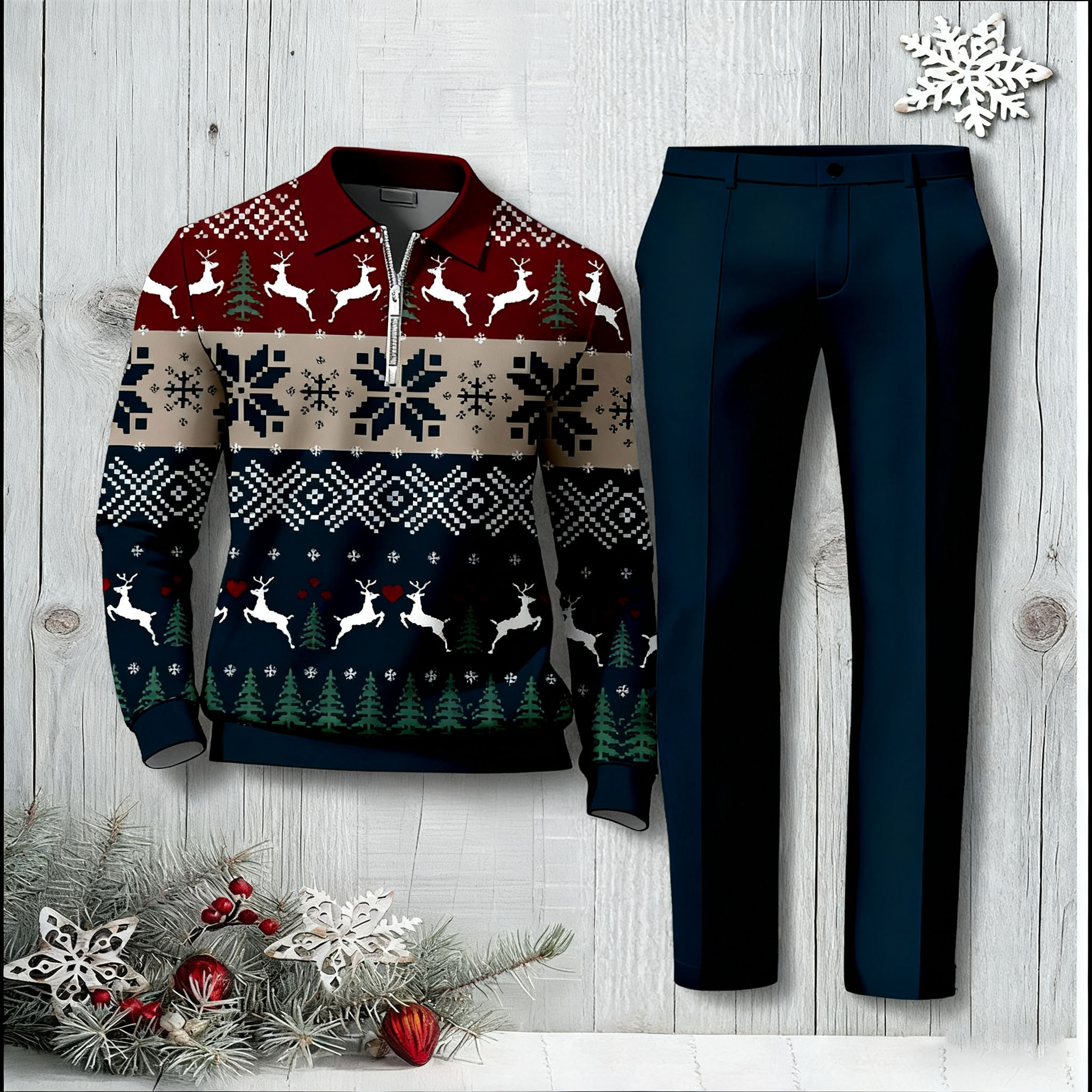 Men's Christmas Color Matching Printed Polo-Collar Zipper Long Sleeved Trousers Two-Piece Set 1204