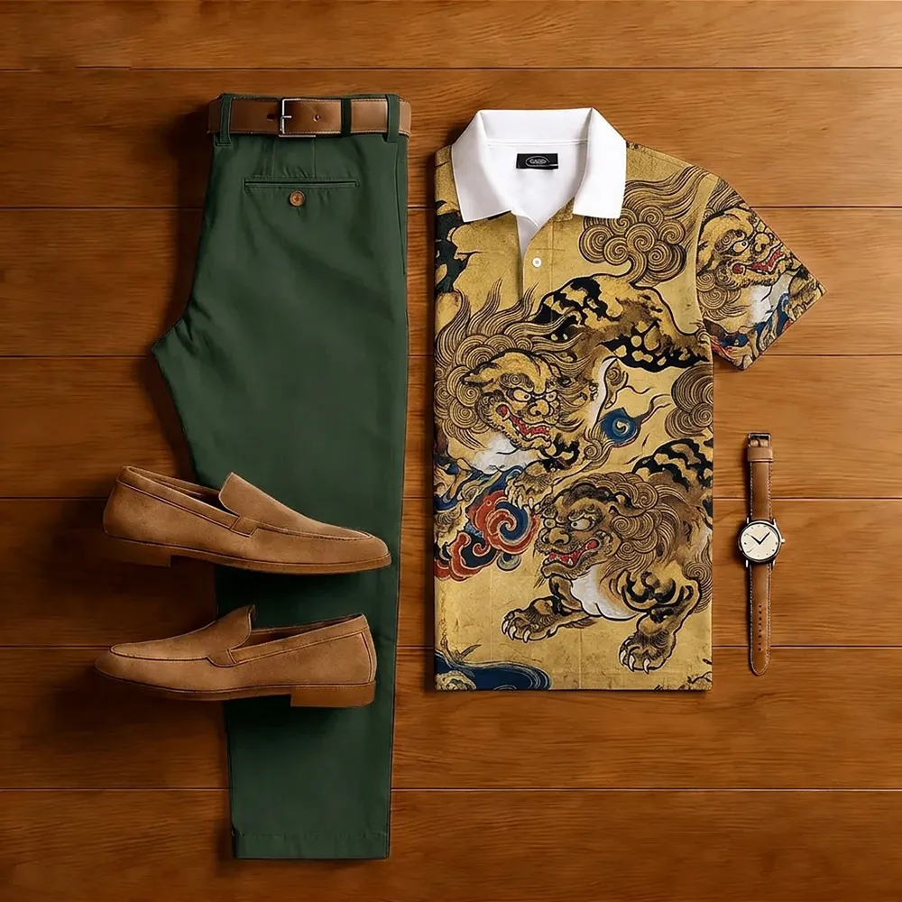 Men's Casual Brown Dragon Printed Short-Sleeve Polo Shirt And Trousers Two-Piece Set