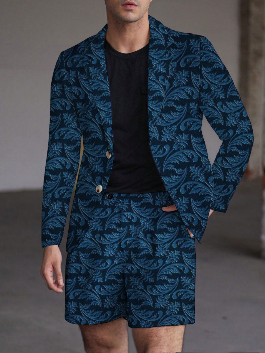 Men's Fashion Business Casual Geometric Printed Lapel Collar Long-Sleeved Two-Piece Suits