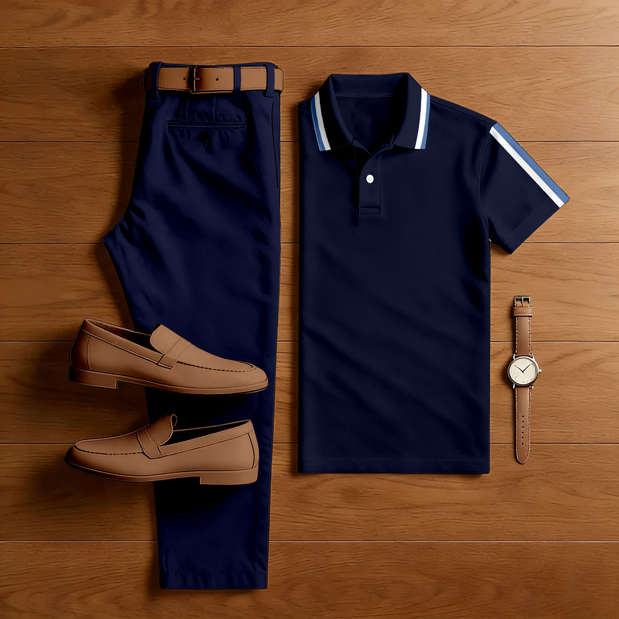 Men's Casual Navy Blue Color Matching Stiped Printed Short Sleeved Polo Shirt & Trousers Two-Piece Set