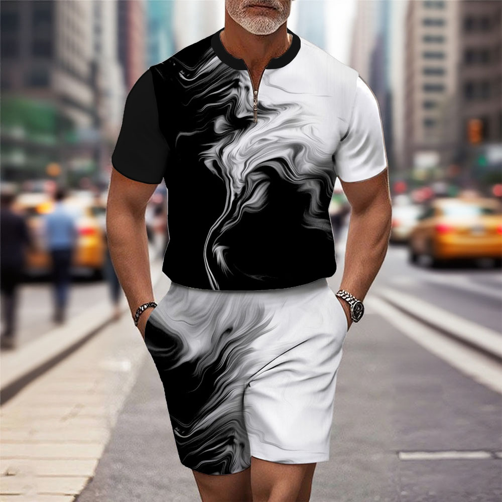Men's Fashion Casual Round-Neck Geometric Printed Short-Sleeved Two-Piece Set