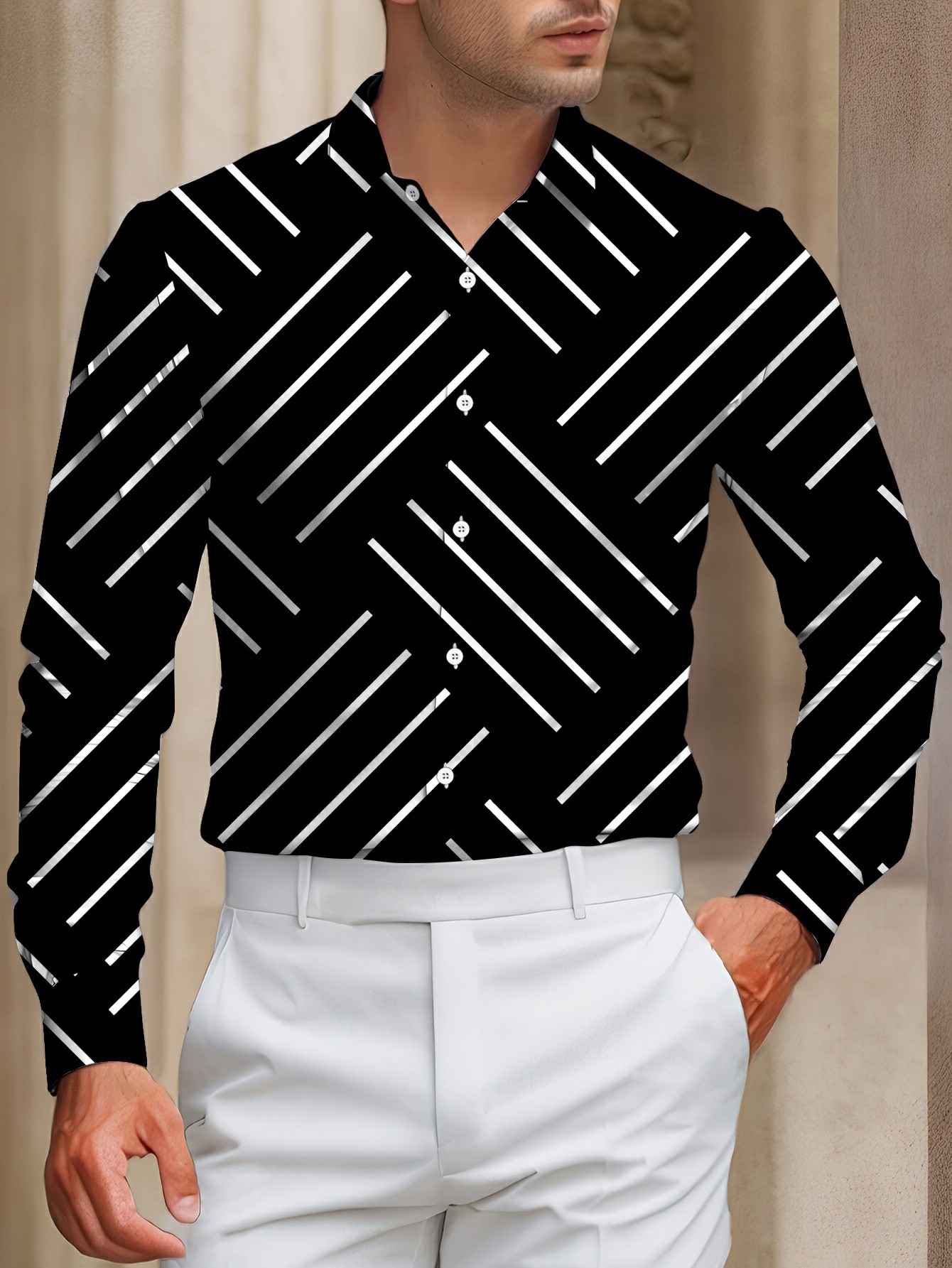 Men's Casual Black & White Color Matching Striped Print Long-Sleeve Shirt