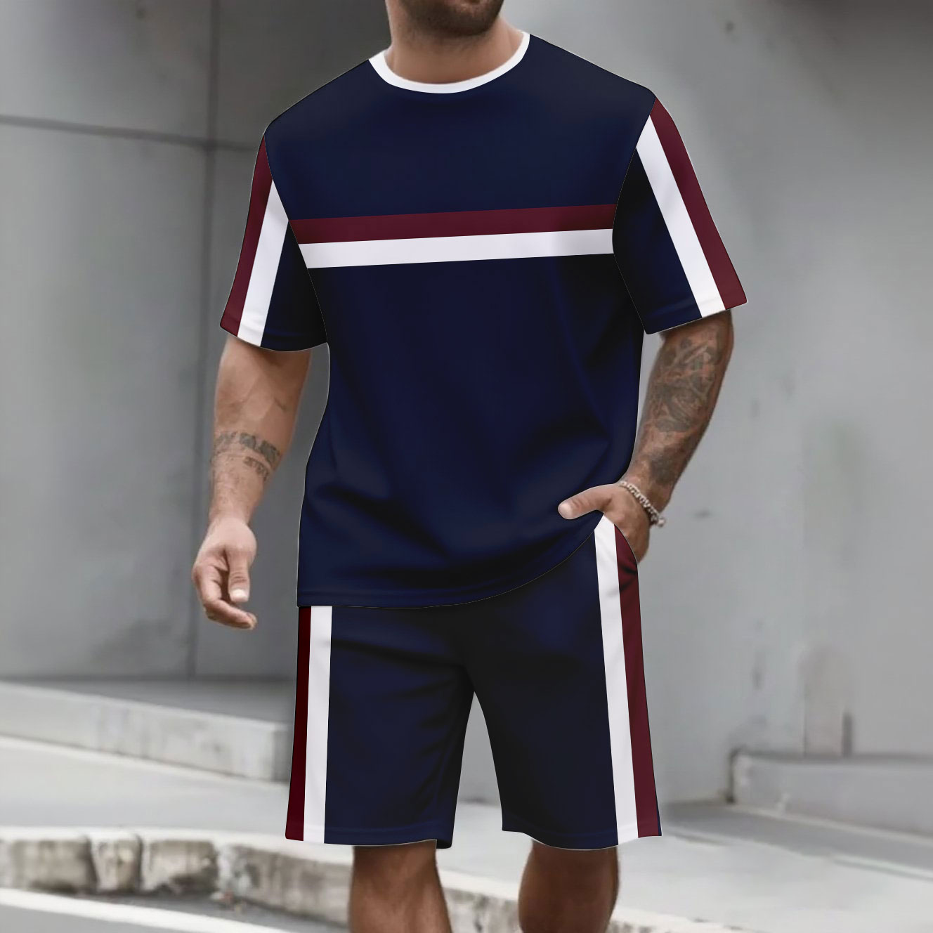 Men's Fashion Casual Color Matching Printed Short-Sleeved Two-Piece Set