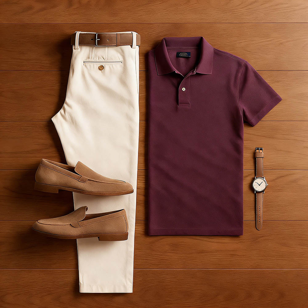 Men's Casual Red Purple & Khaki Color Matching Short Sleeved Polo Shirt & Trousers Two-Piece Set