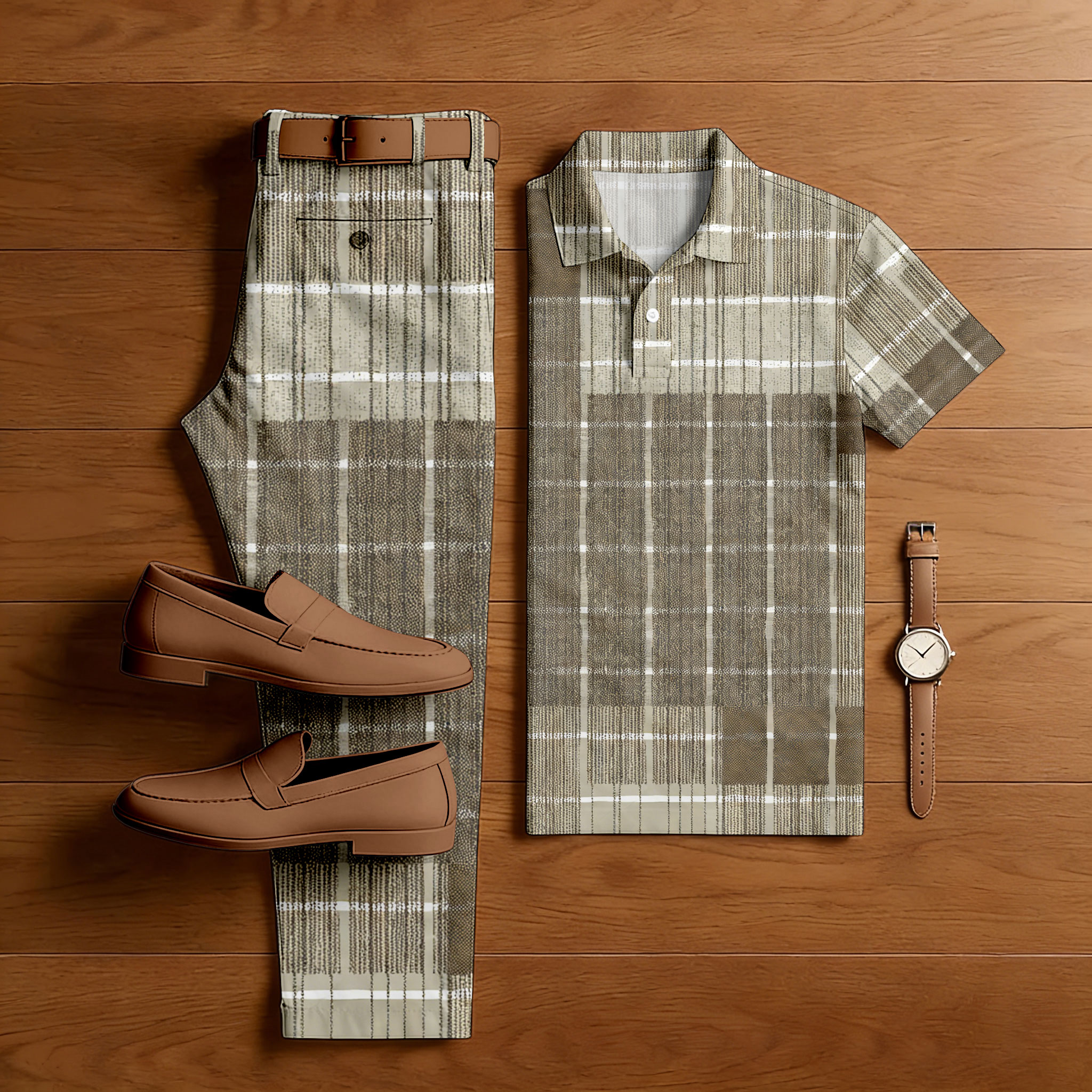 Men's Casual Khaki & White Color Matching Checkered Printed Short Sleeved Polo Shirt & Trousers Two-Piece Set