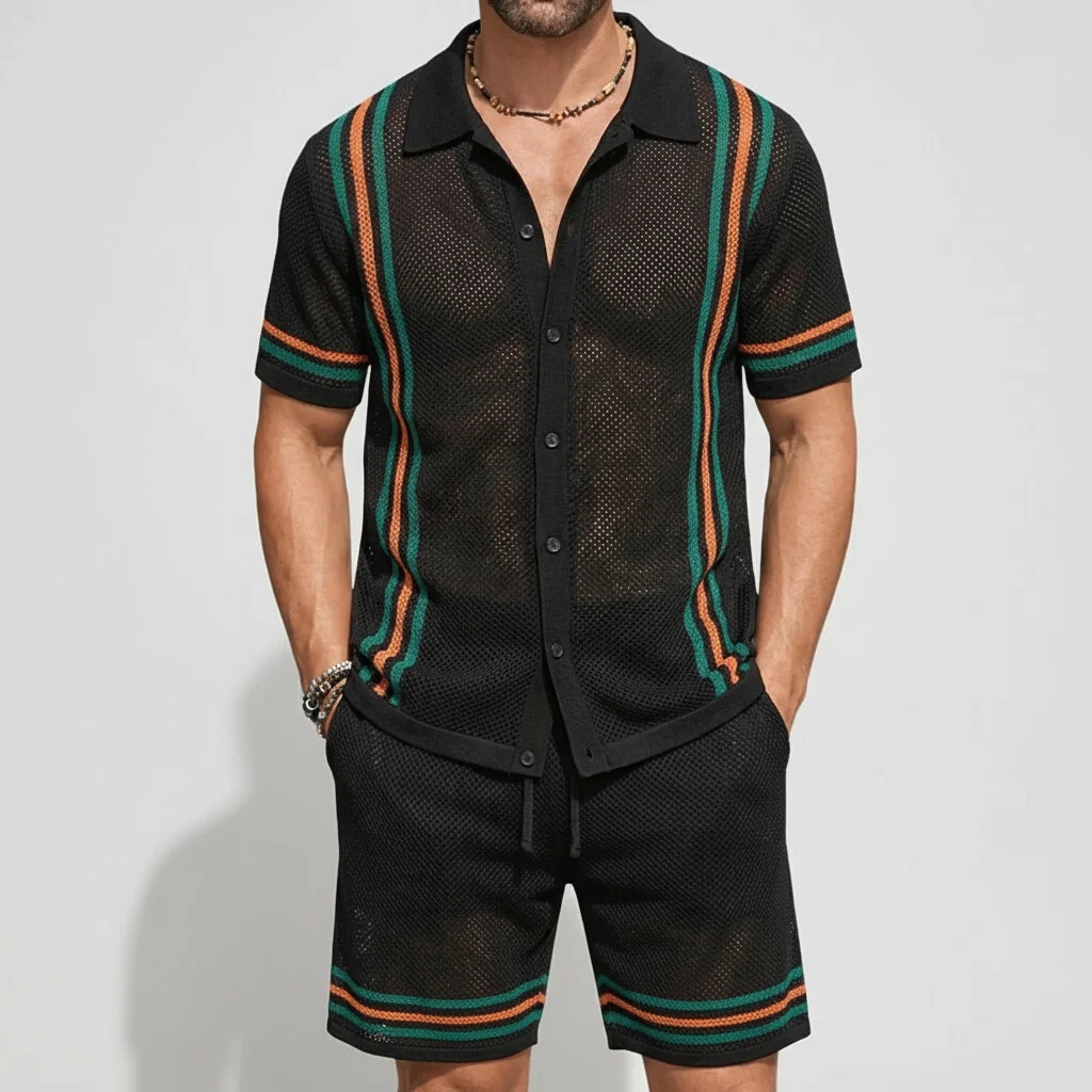 Men's Vacation Contrast Striped Short Sleeve Mesh Knit Shirt & Drawstring Shorts 2Pcs Set
