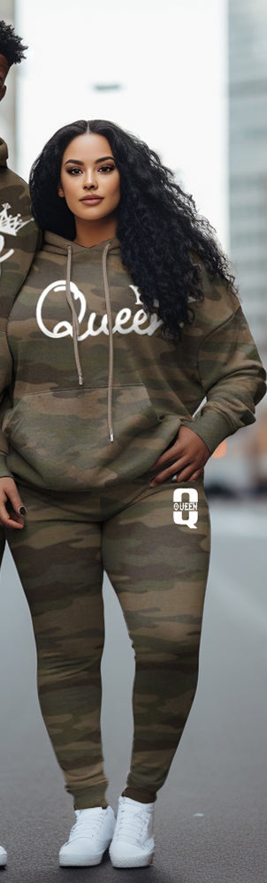 Couple Big and Tall Casual Outfit Camouflage Graffiti King Queen Hoodie Set