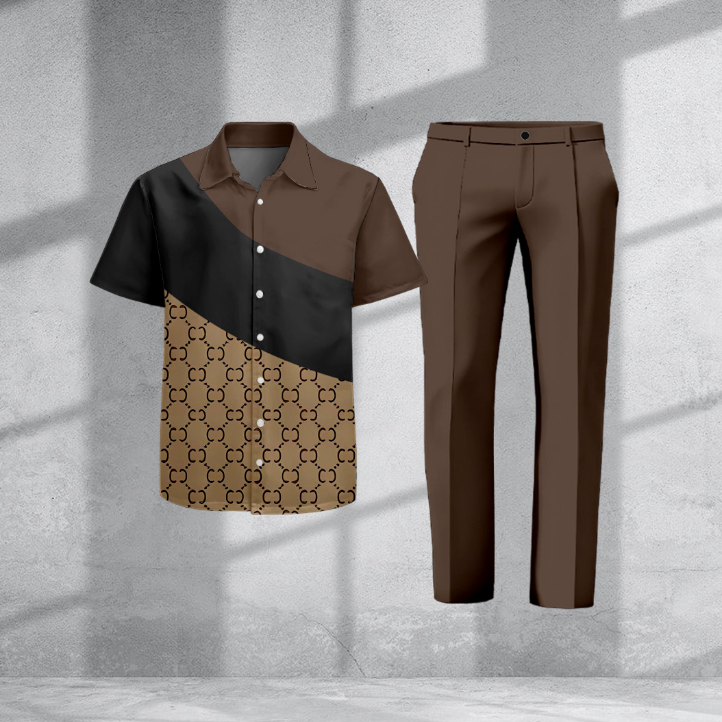 Men's Casual Retro Color Block Print Short-Sleeve Shirt And Pants Two-Piece Set