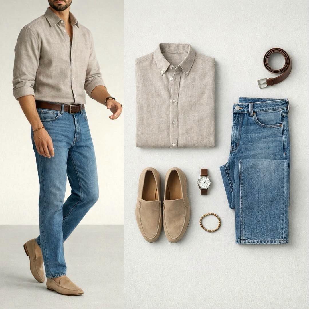 Men's Linen Blend 2 Piece Outfit Set – Long Sleeve Shirt & Relaxed Pants