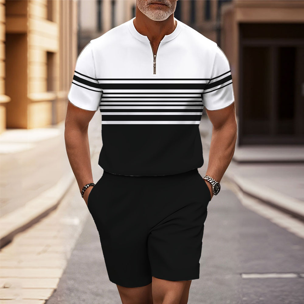 Men's Fashion Casual Round-Neck Geometric Printed Short-Sleeved Two-Piece Set