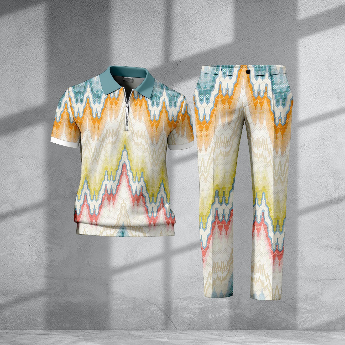 Men's Casual Multi Color Matching Printed Zipper Short Sleeved Polo Shirt & Trousers Two-Piece Set