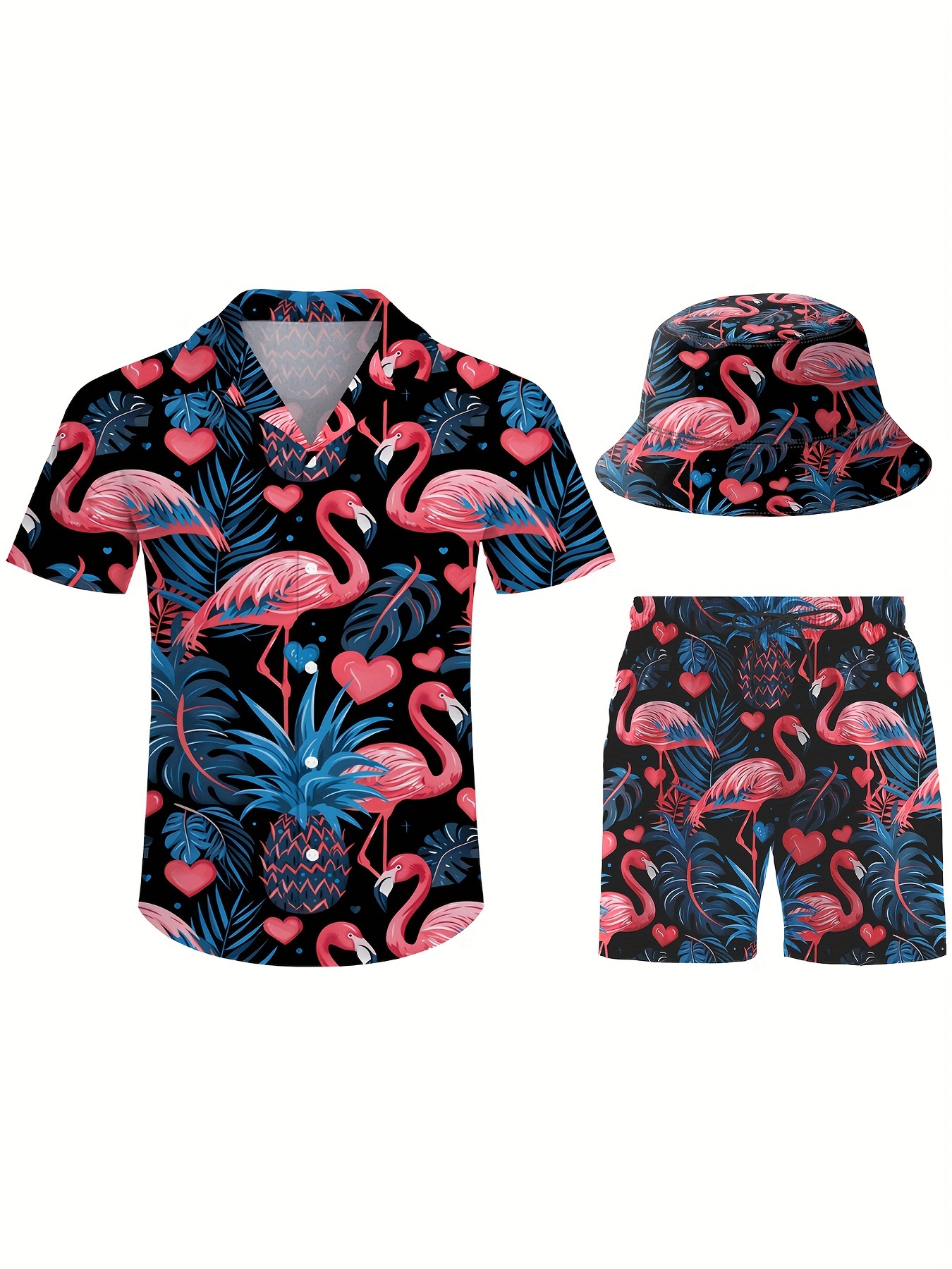 3pcs Men's Hawaiian Black & Flamingos Printed Short Sleeves Shirt & Short & Fisherman's Hat
