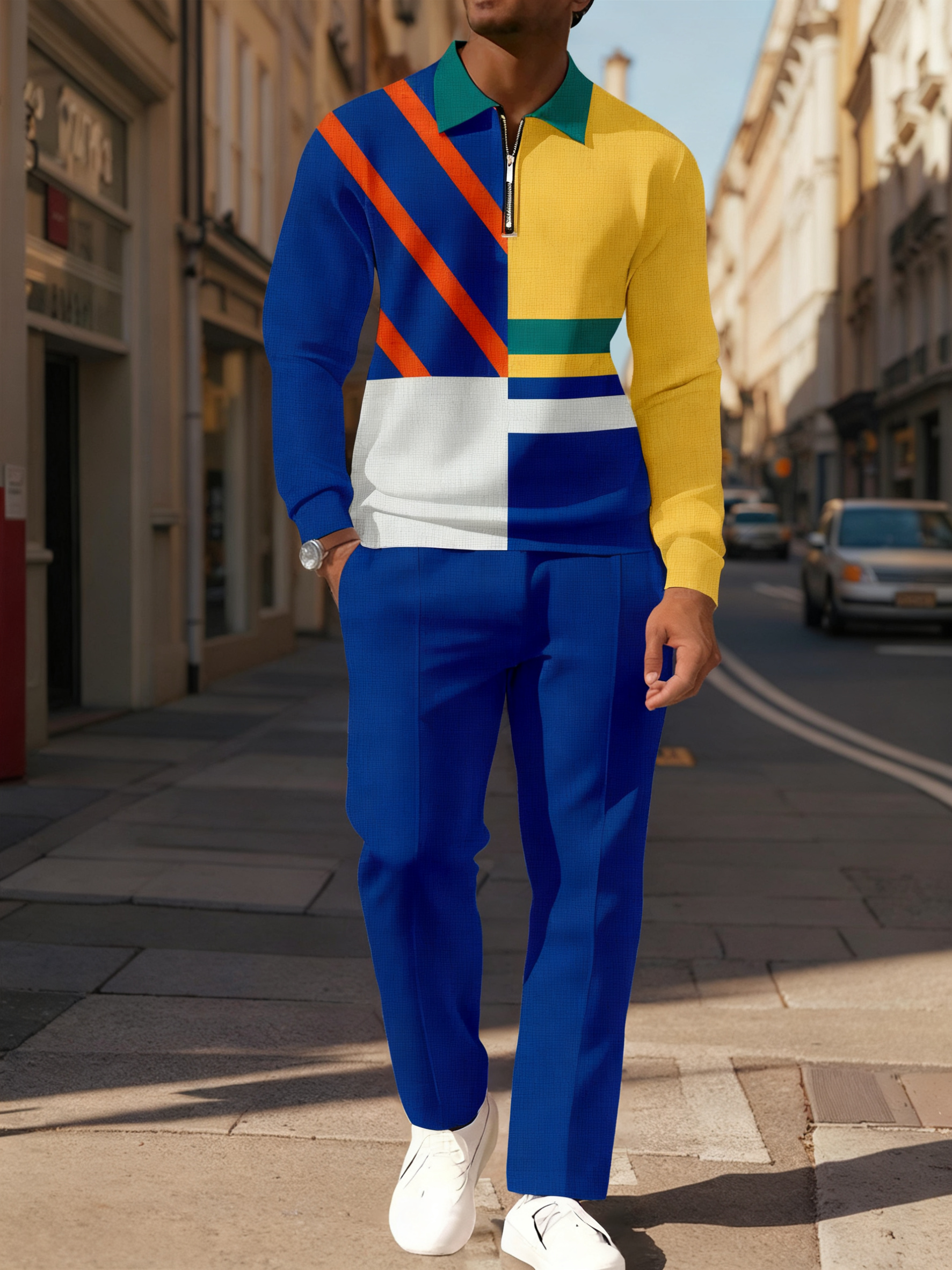 Men's Casual Colorblock Personalized Long Sleeve Polo Shirt Set 110