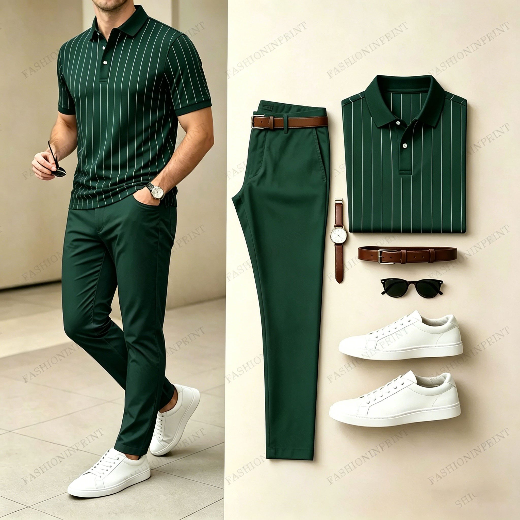 Men's Casual Printed Polo Shirt And Pants Two-Piece Set