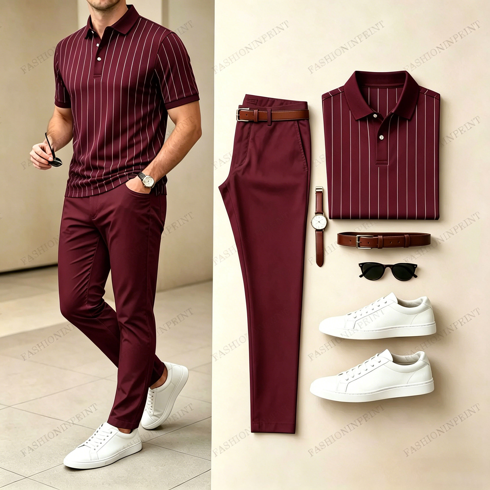 Men's Casual Printed Polo Shirt And Pants Two-Piece Set