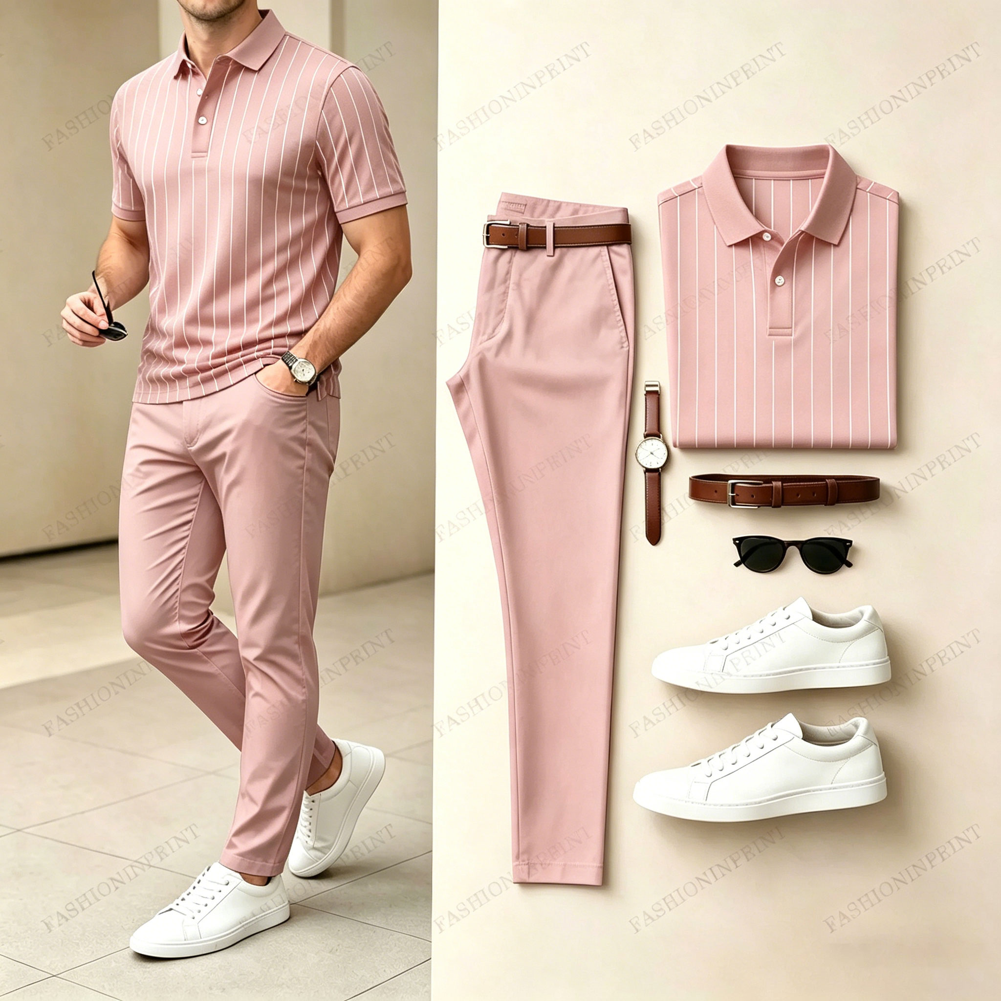 Men's Casual Printed Polo Shirt And Pants Two-Piece Set