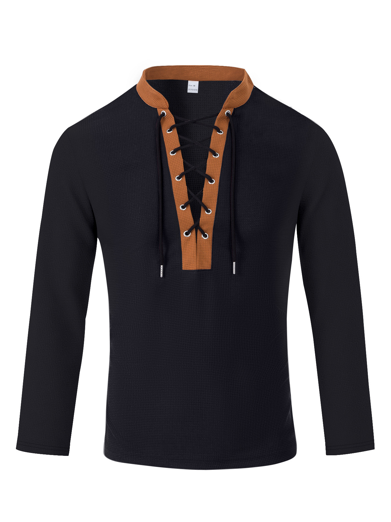 Men's Casual Solid Color Waffle V-Neckb Bandage Long Sleeved T-Shirts