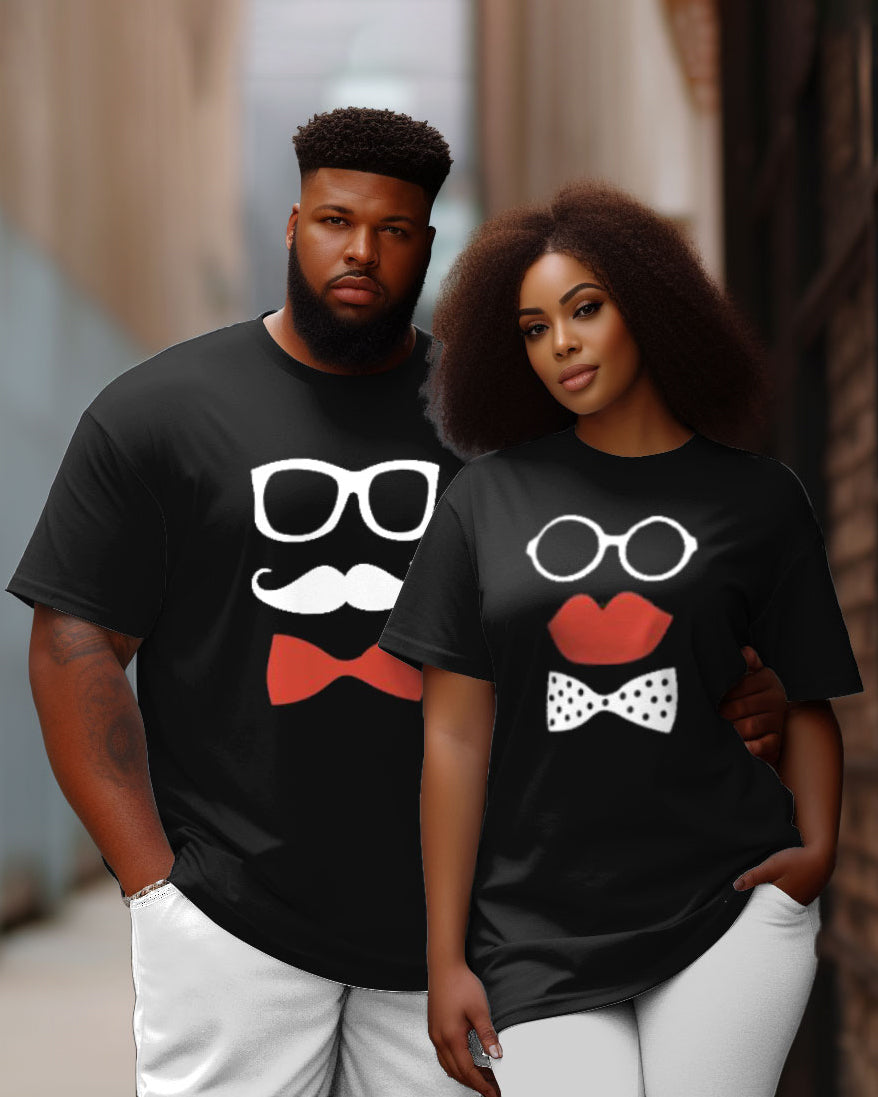 Couple Plus Size Fashion Lips Moustache Print Round Neck Short Sleeve T-Shirt