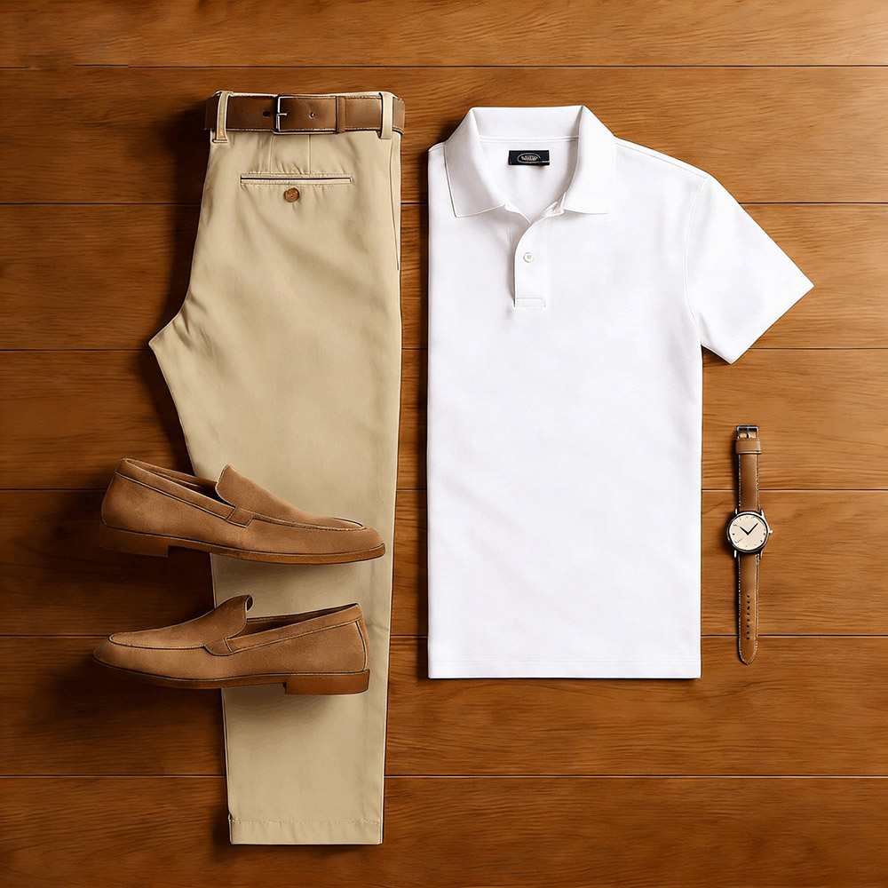 Men's Casual White & Khaki Solid Color Matching Sport Short Sleeved Polo Shirt & Trousers Two-Piece Set