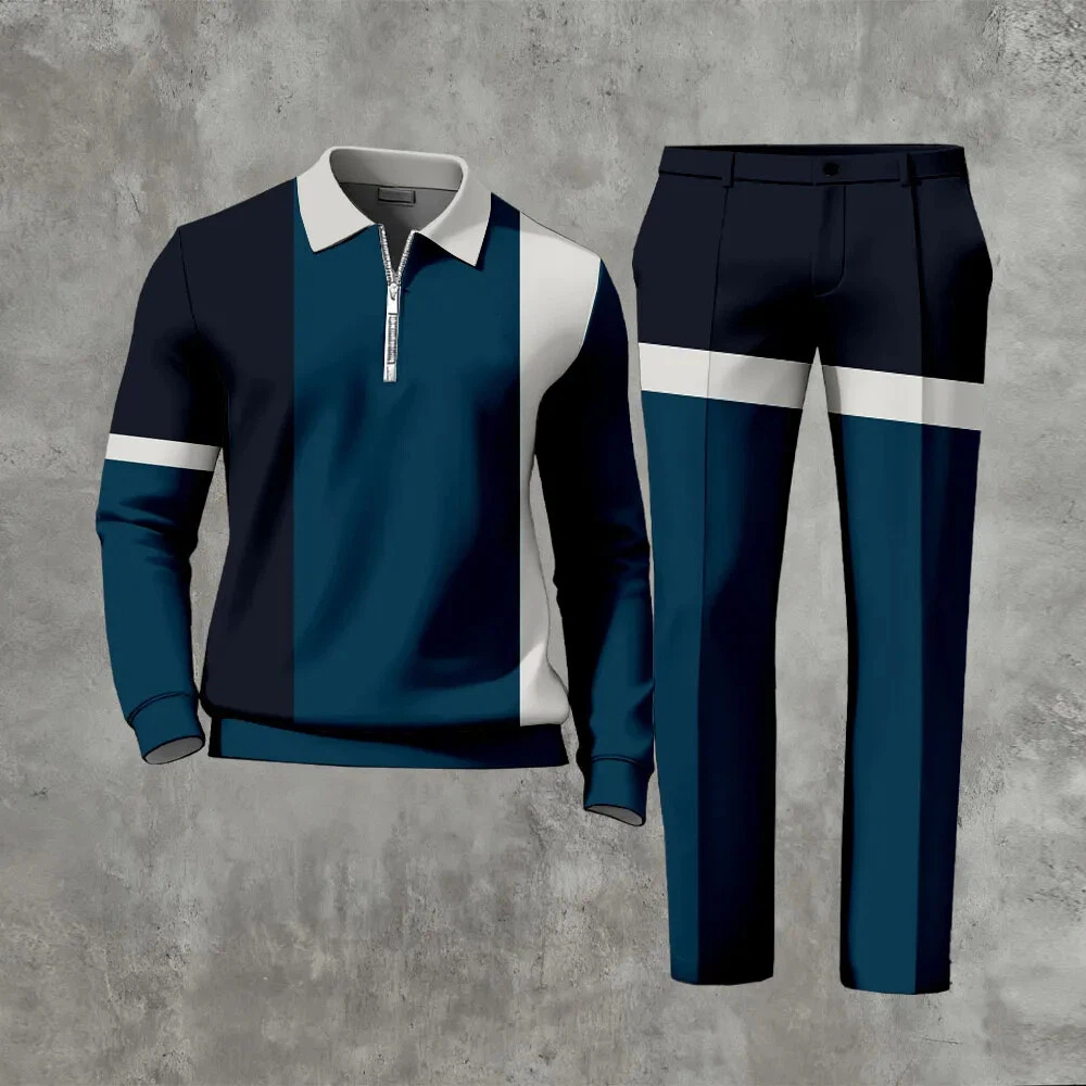 Men's Matching Printed Polo-Collar Zipper Long Sleeved Trousers Two-Piece Set