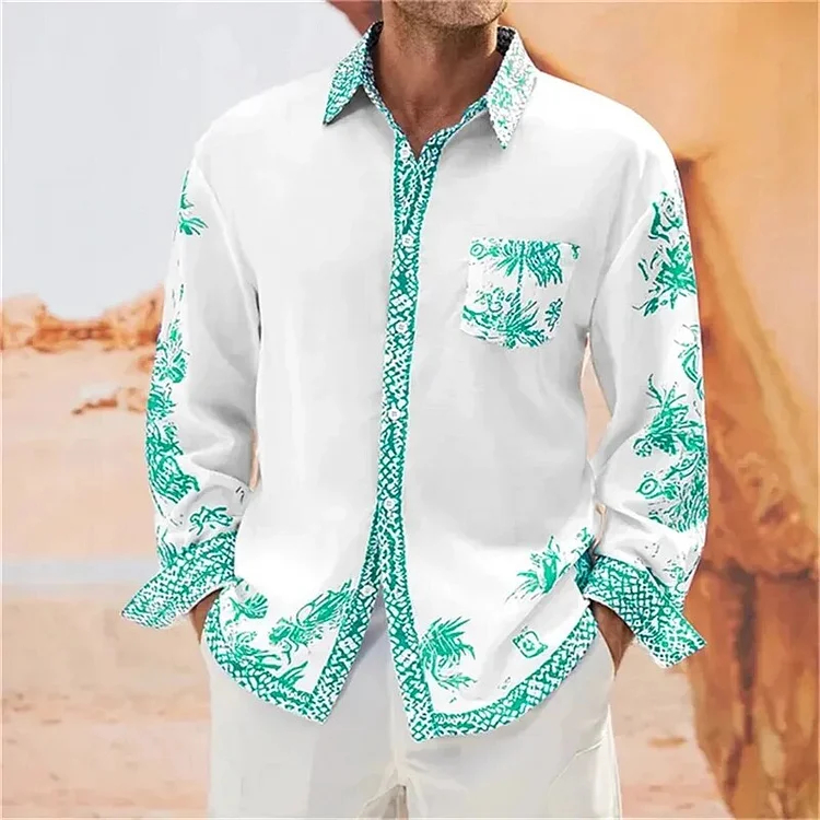 Men's Vintage Floral Pattern Pocket Long Sleeve Casual Shirt