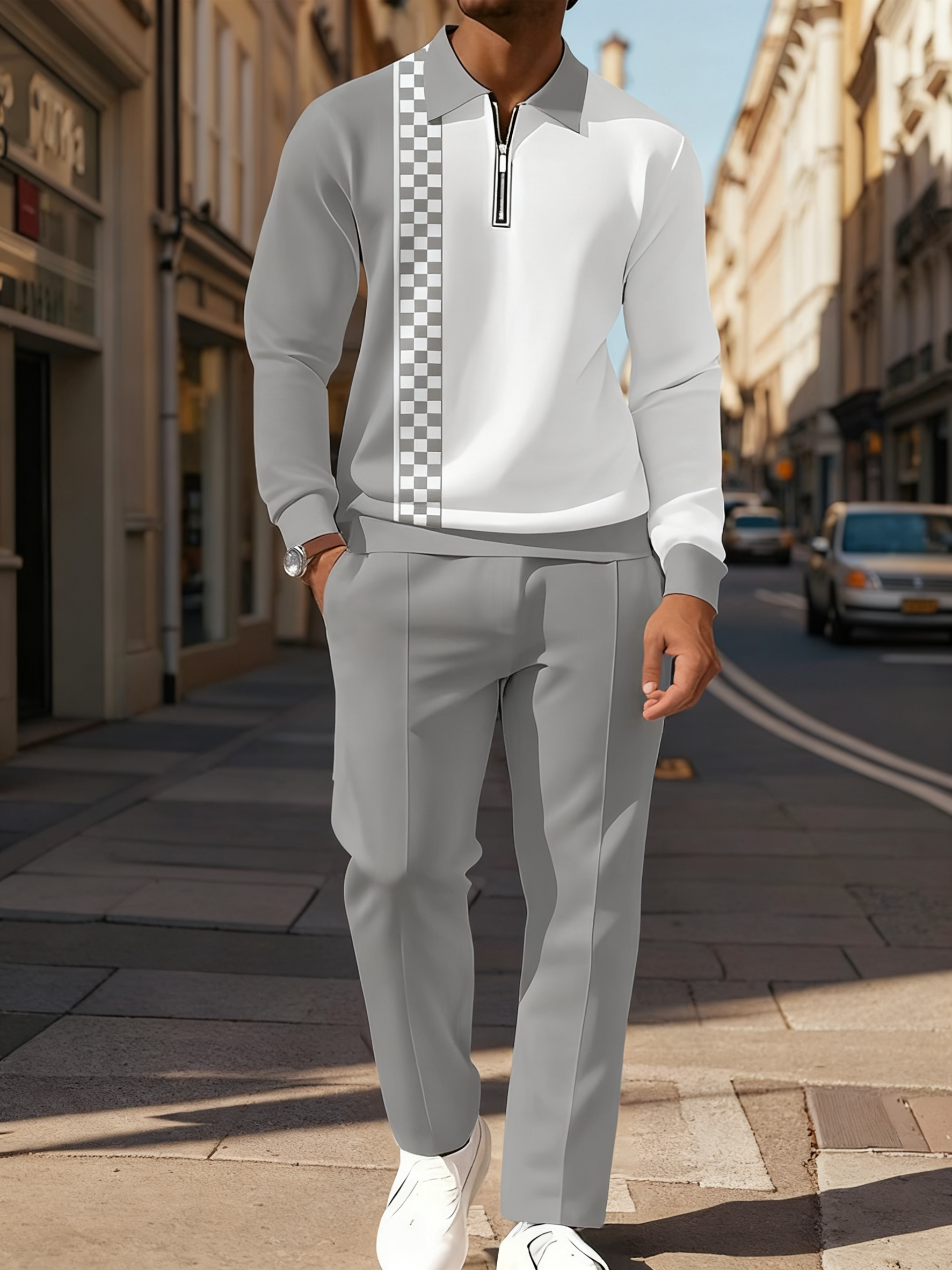 Men's Casual Colorblock Personalized Long Sleeve Polo Shirt Set  007