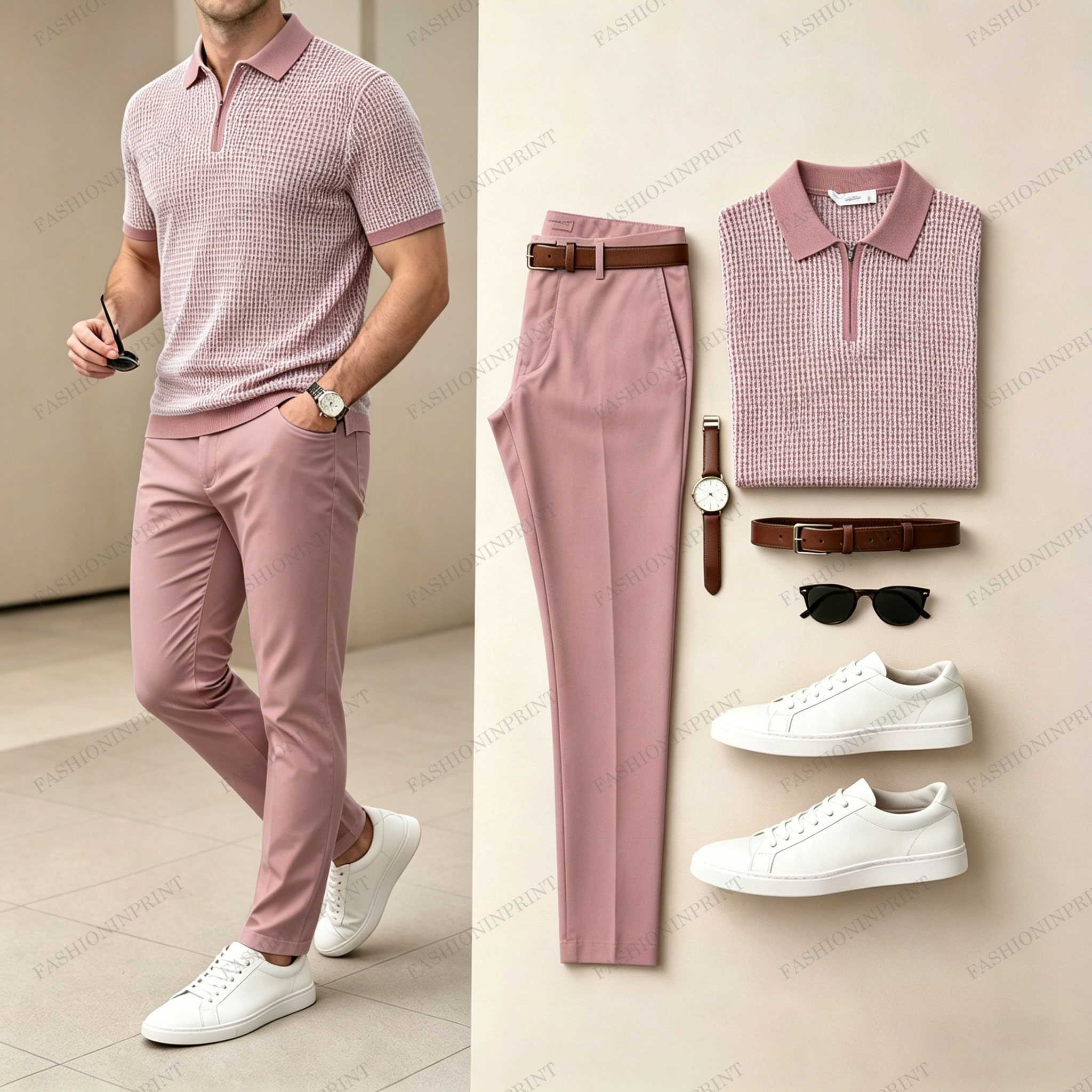 Men's Ice Silk Zipper-Front Knit Short-Sleeve Polo Shirt and Pants Two-Piece Set (Accessories Not Included)