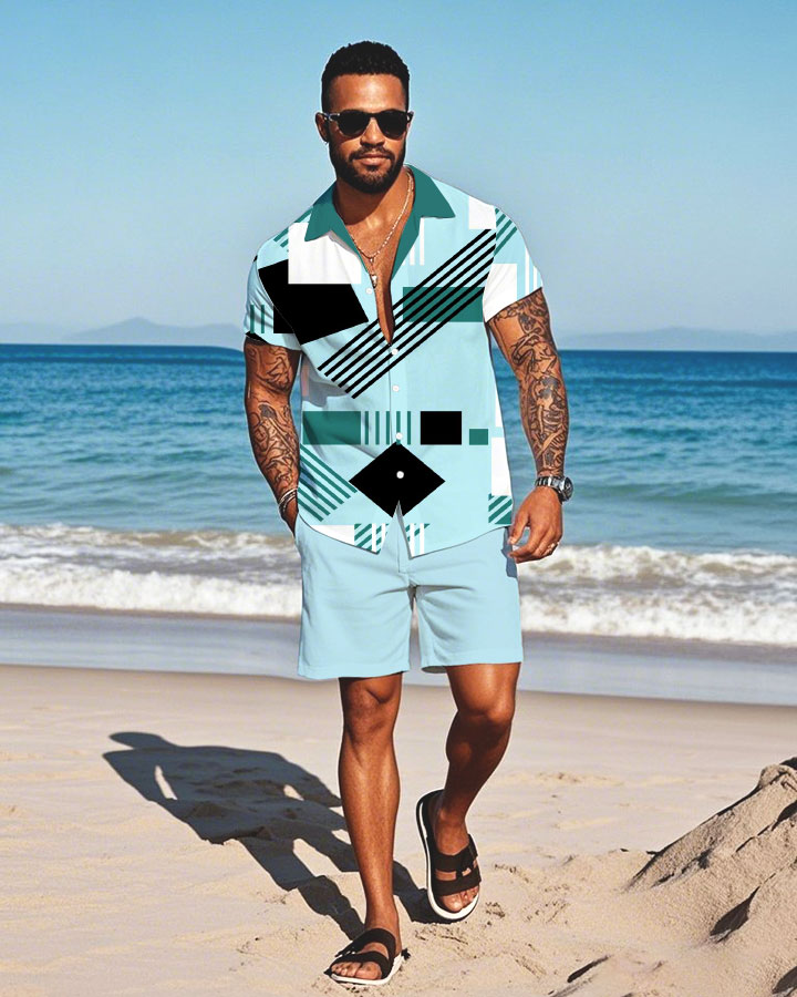 Men's Fashion Casual Lapel Collar Geometric Printed Short-Sleeved Two-Piece Set