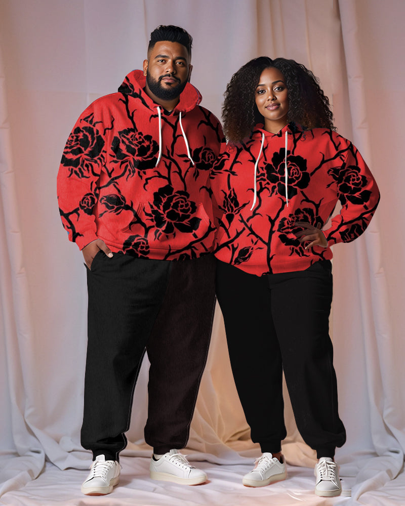 Couple Plus Size Rose Print Hoodie Set