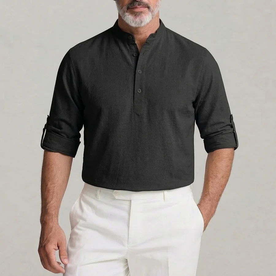 Men's Solid Color Stand Collar Half Placket Roll Tab Long Black Sleeve Shirt