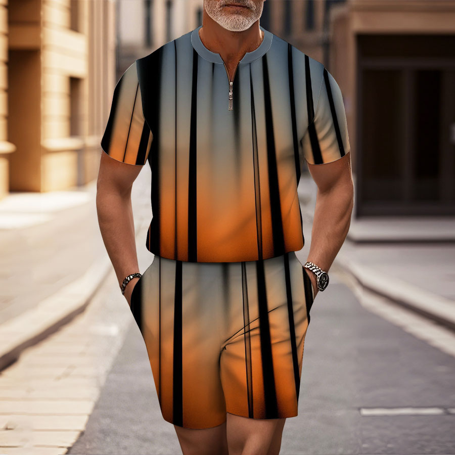 Men's Fashion Casual Round-Neck Geometric Printed Short-Sleeved Two-Piece Set