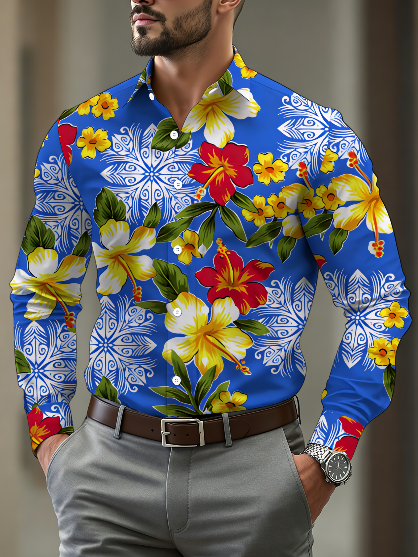 Men's Casual Blue & Flower Print Long-Sleeve Shirt
