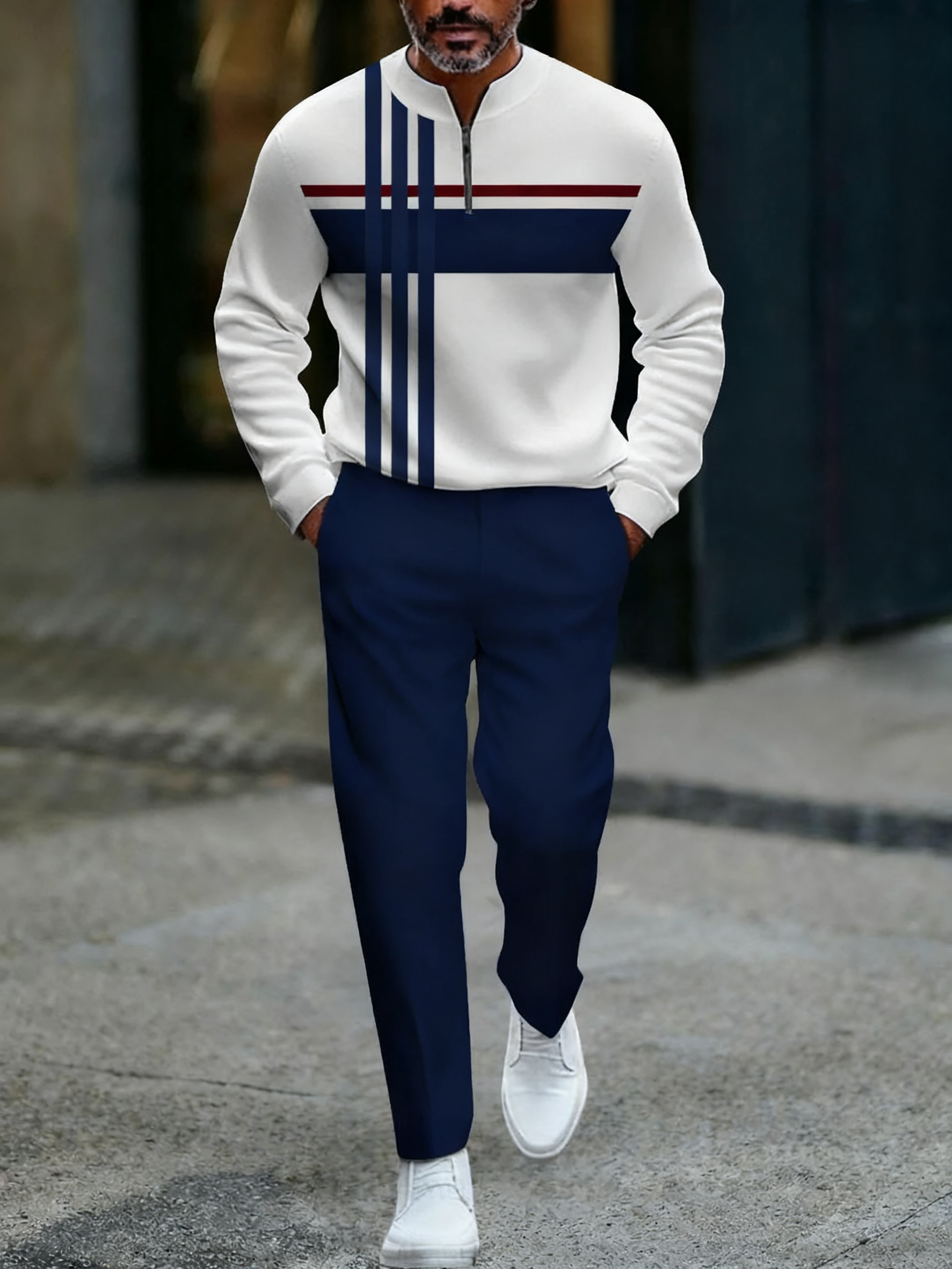 Men's fashion casual geometric print long sleeve zipper two-piece set